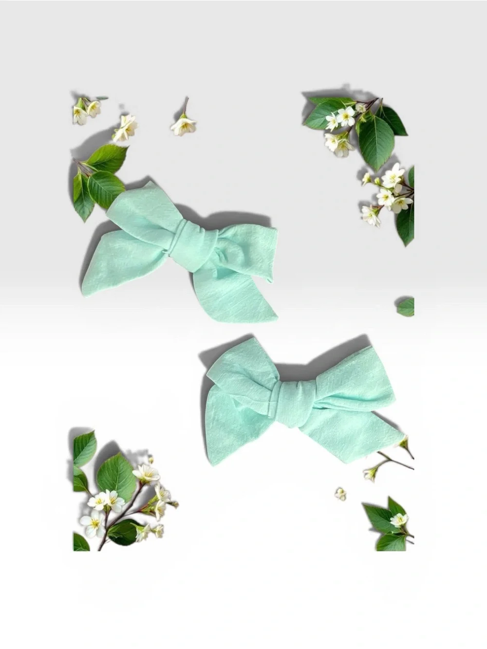 Set of 2 Mint Green Linen Hair Bows Cottagecore Classic Alligator Clips